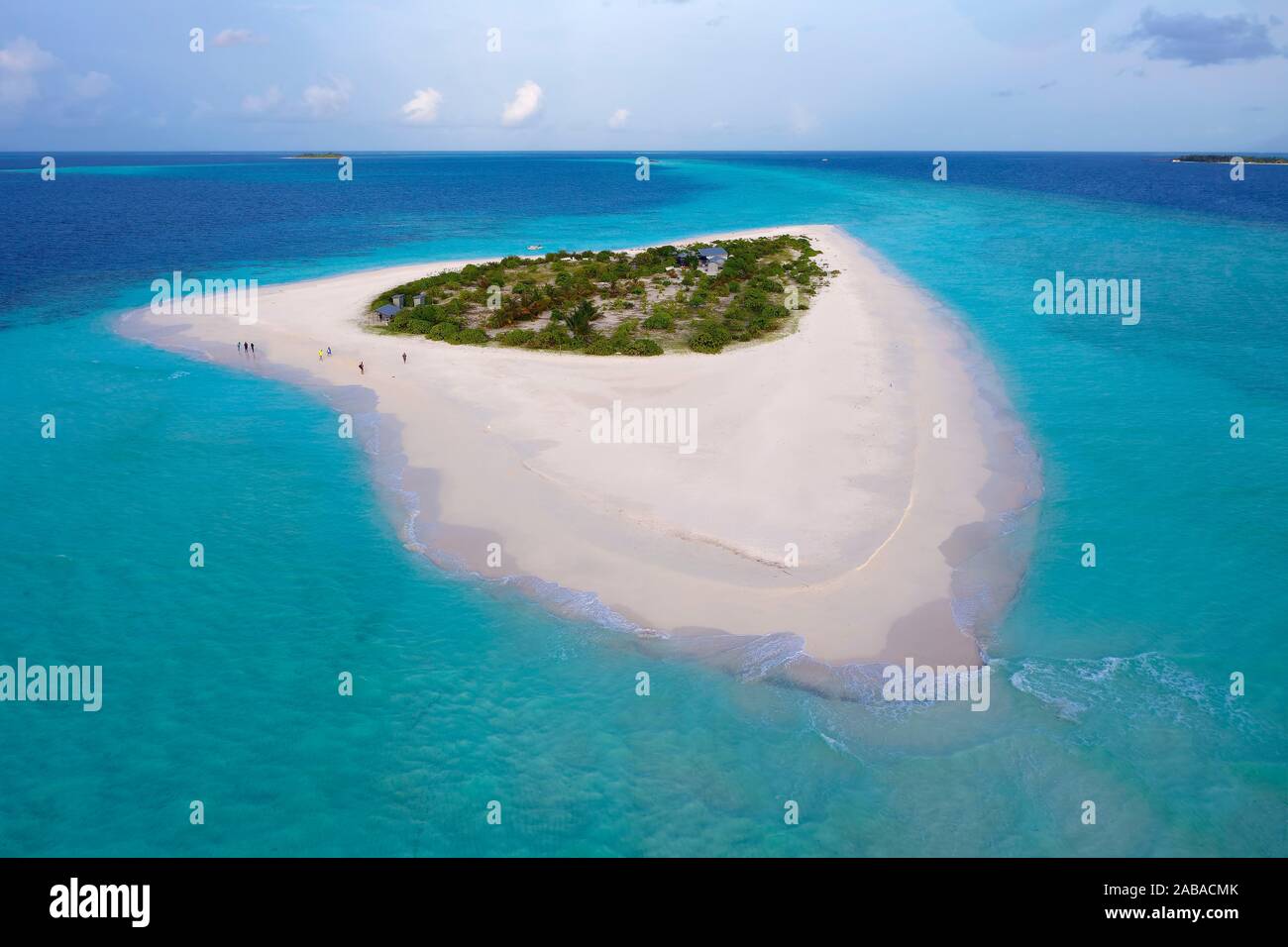 Vista aerea, isola disabitata per escursioni, isole Maldive, escursione isola con ampia spiaggia di sabbia, Maldive Foto Stock