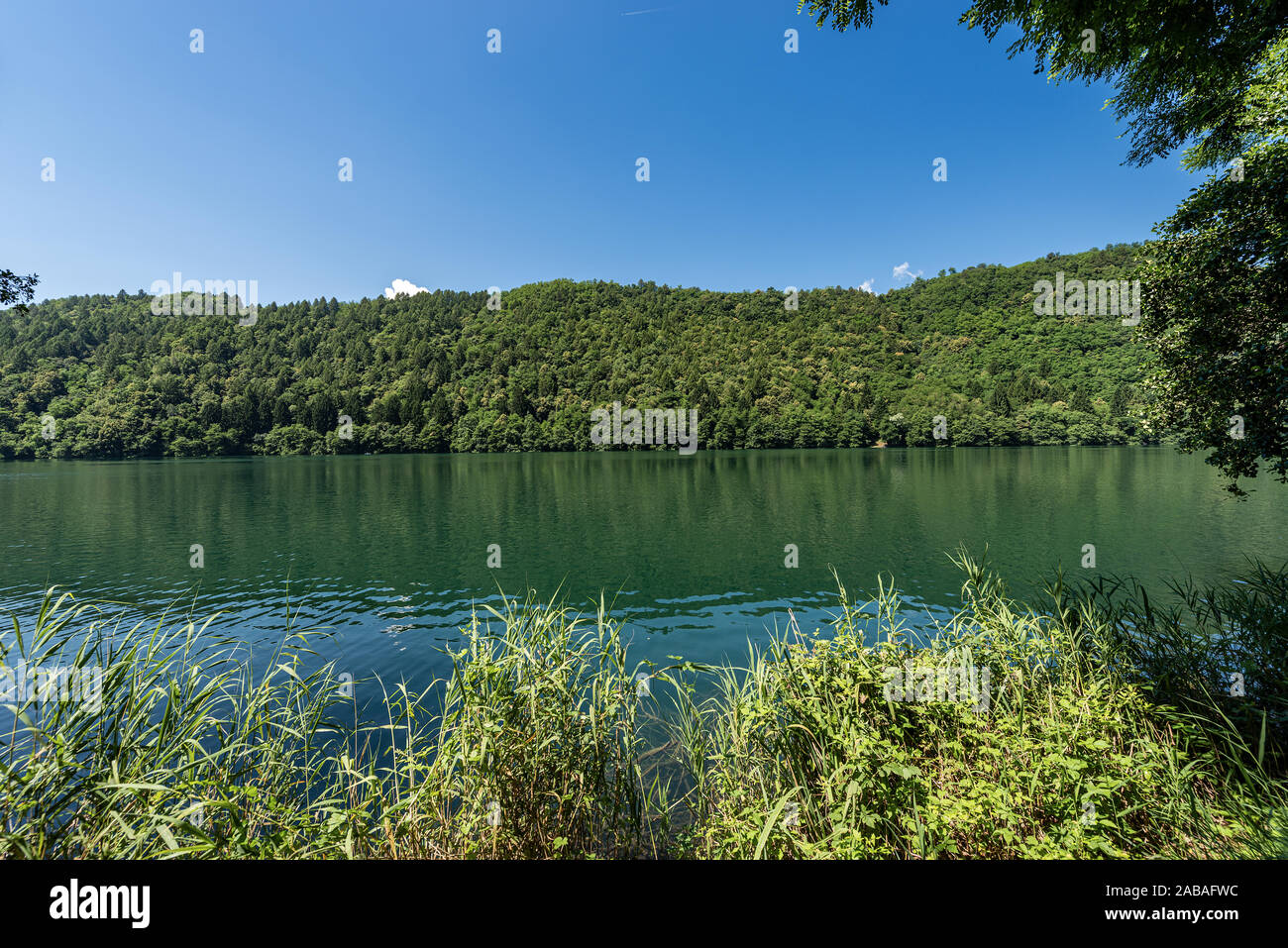 Il lago di Levico, piccolo lago nelle Alpi italiane, Levico Terme, cittadina in provincia di Trento, Trentino Alto Adige, Italia, Europa Foto Stock