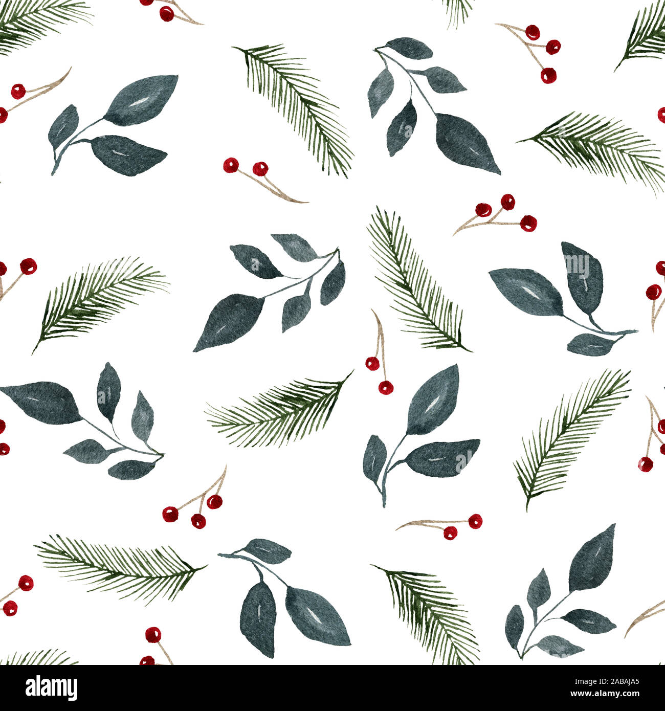 Seamless schema di ripetizione con rami ad acquerello, abete e bacche, christrmas e vacanze inverno acquerello decorazione Foto Stock