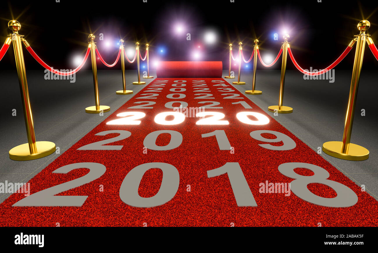Tappeto rosso e barriere con cordon, 2020 scritta luminosa e paparazzi flash. Anno nuovo concetto. 3D render Foto Stock