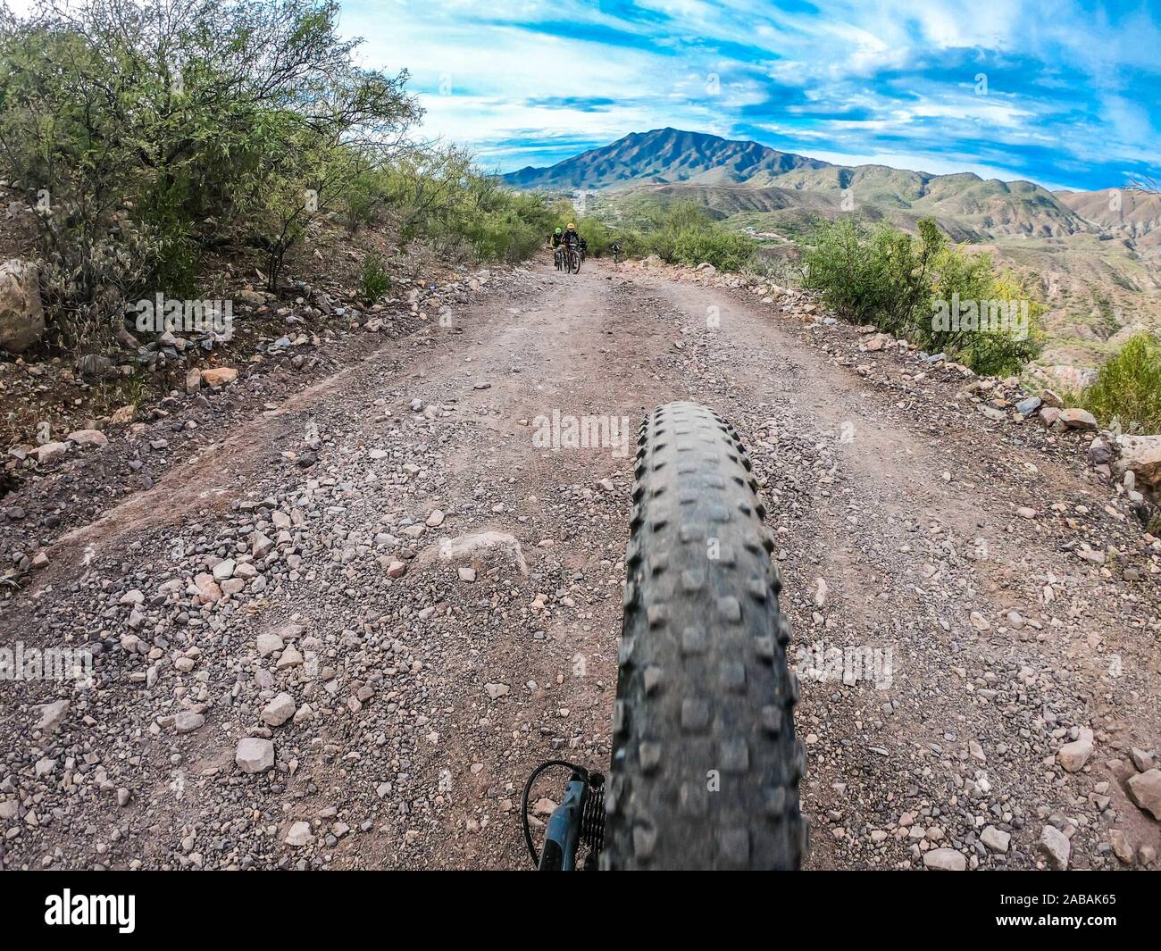 Percorso per mountain bike paesaggio. Ruota posteriore di bicicletta pedalando © (© Foto: LuisGutierrez / NortePhoto.com) Paisaje de ruta de Ciclismo de Montaña. Foto Stock