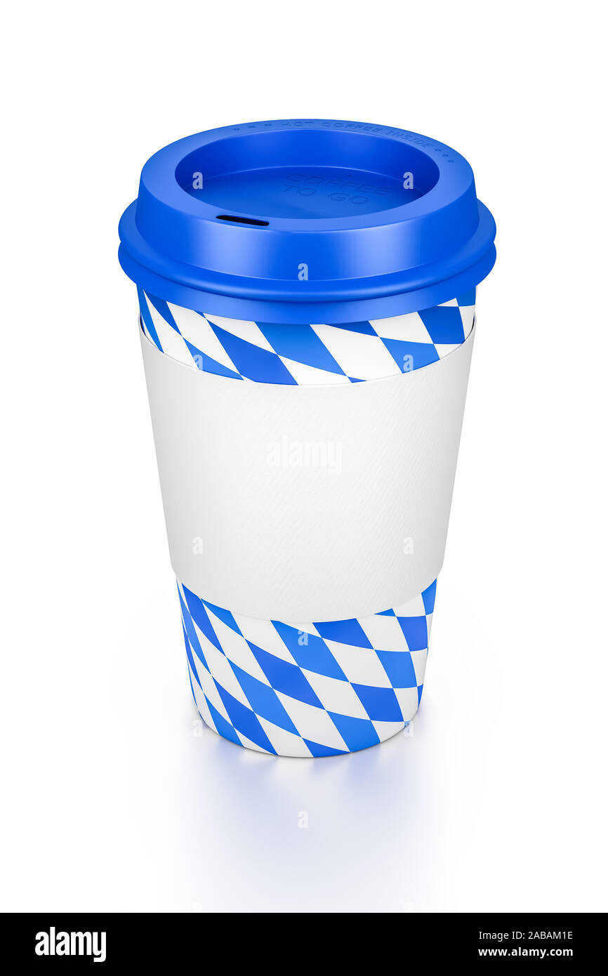 Ein Kaffeebecher zum Mitnehmen in den bayerischen Farben blau und weiss vor weissem Hintergrund Foto Stock