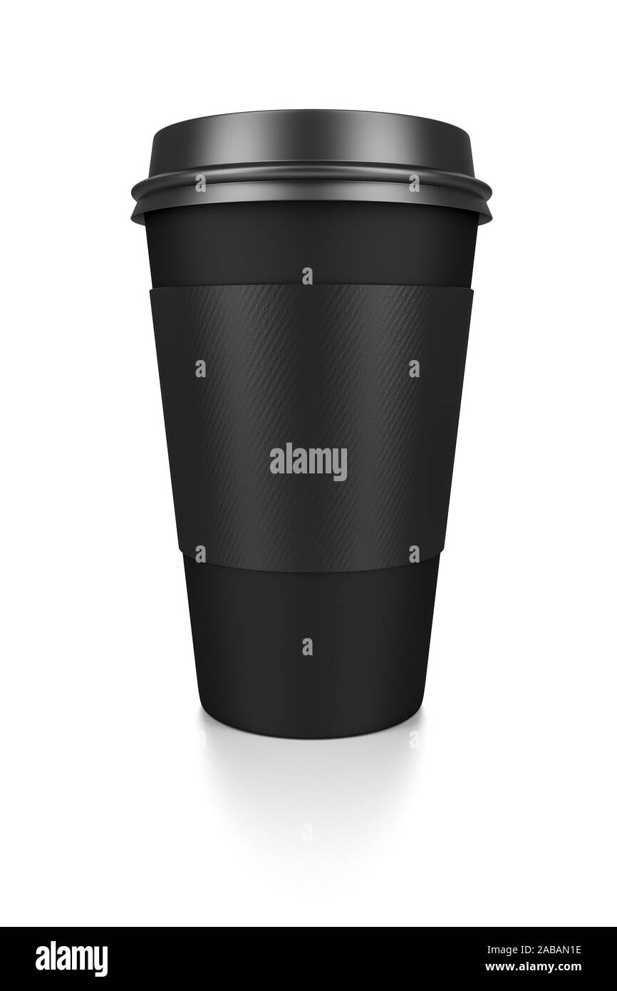 Ein schwarzer Kaffeebecher vor weissem Hintergrund Foto Stock