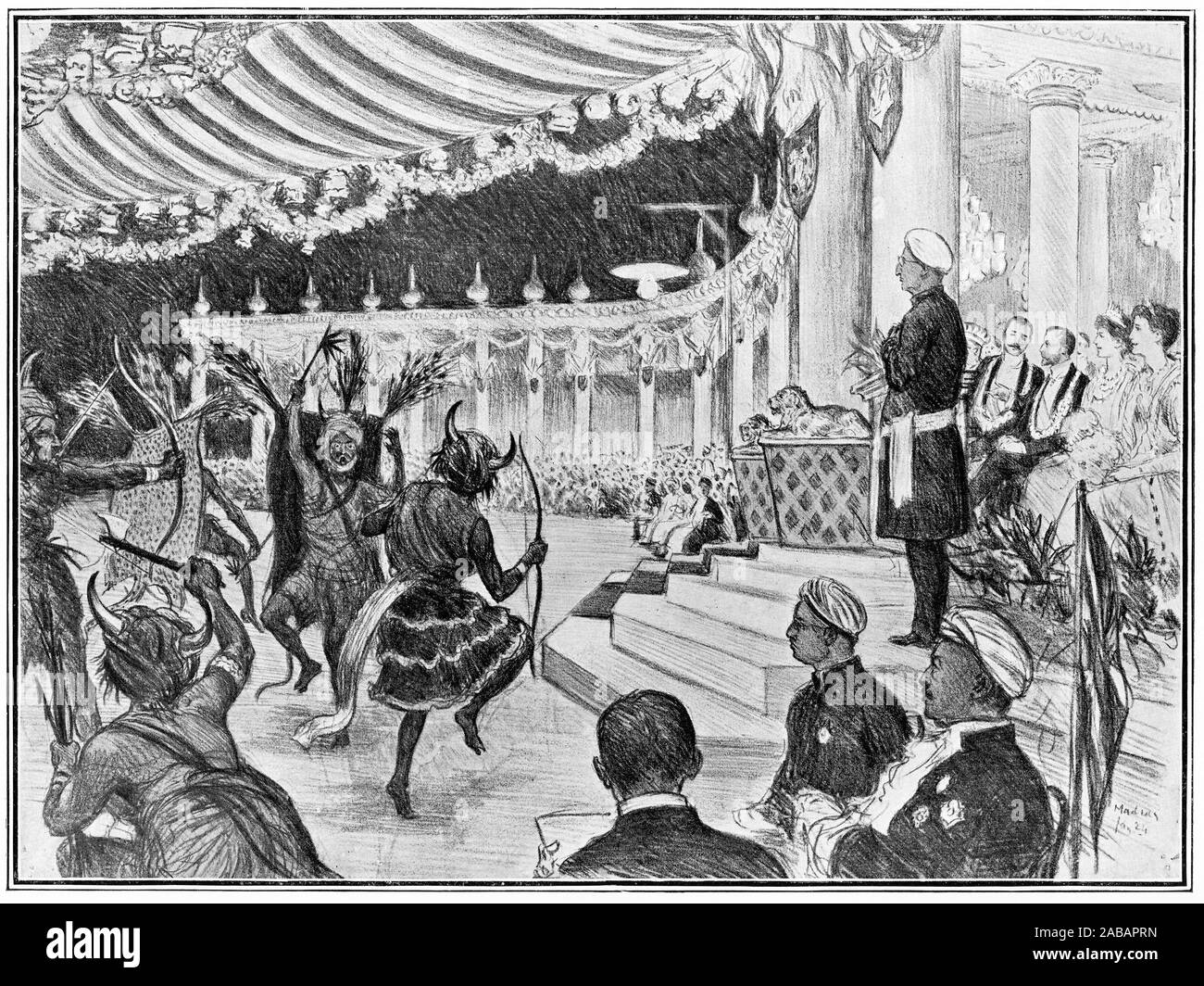 Ritratto di mezzitoni della danza della tribù Khonds, eseguita per Sua Altezza Reale il Principe di Galles durante la sua visita di Stato in India nel 1906 Foto Stock