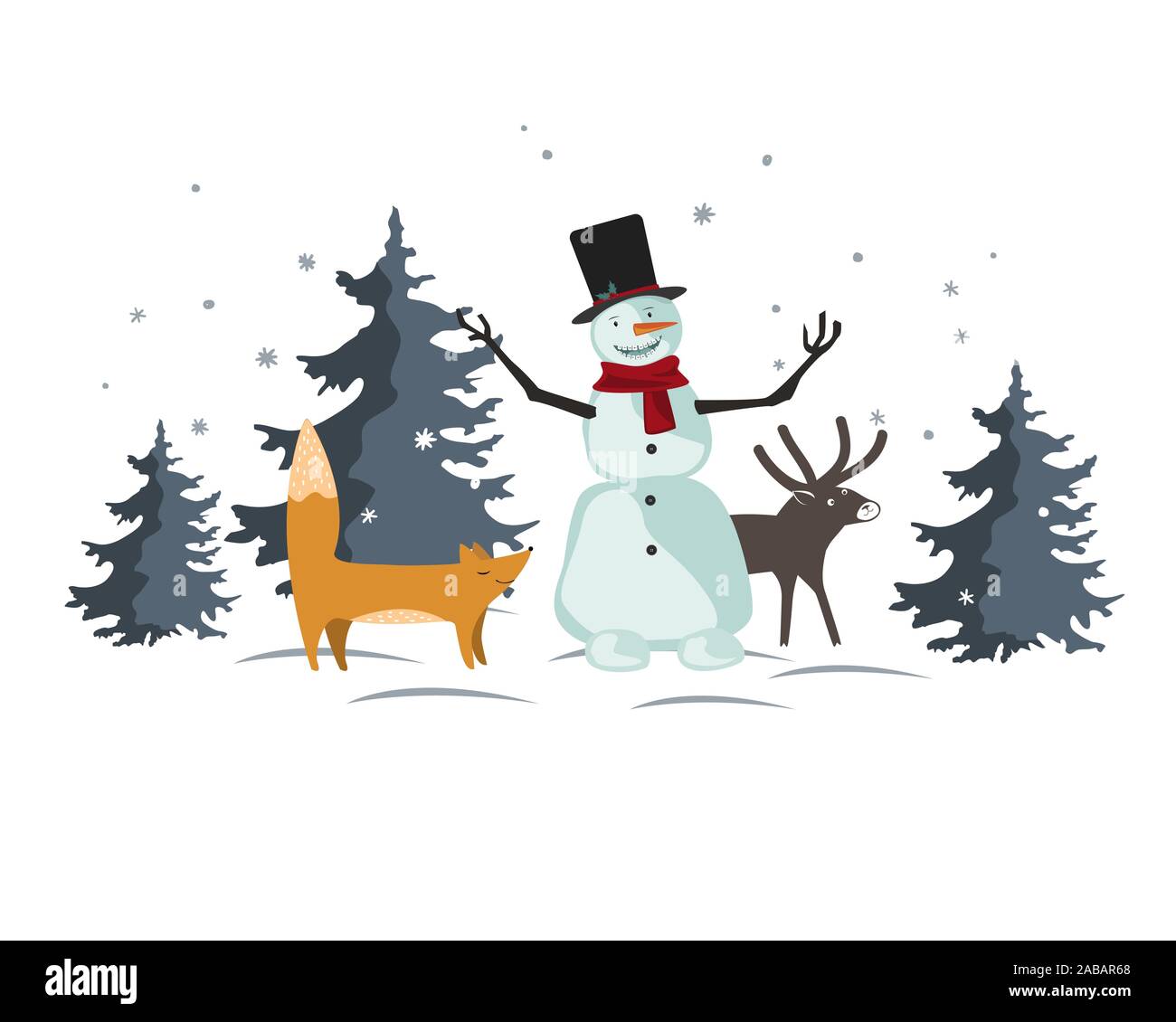 Vettore di natale con la divertente cartone animato gli animali del bosco e il pupazzo di neve in inverno foresta. Design per poster, striscioni, vendite e altri eventi d'inverno. Illustrazione Vettoriale