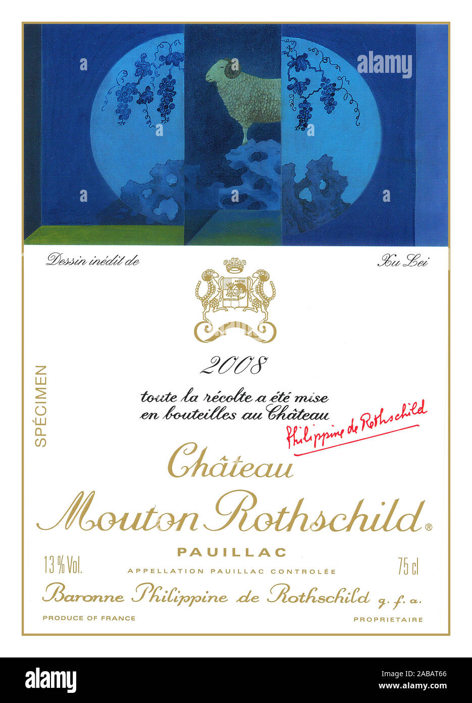 PAUILLAC ANNATA Vino etichetta del flacone per uno dei più grandi vini di Bordeaux Château Mouton Rothschild 2008 Pauillac rosso vino di Bordeaux Foto Stock