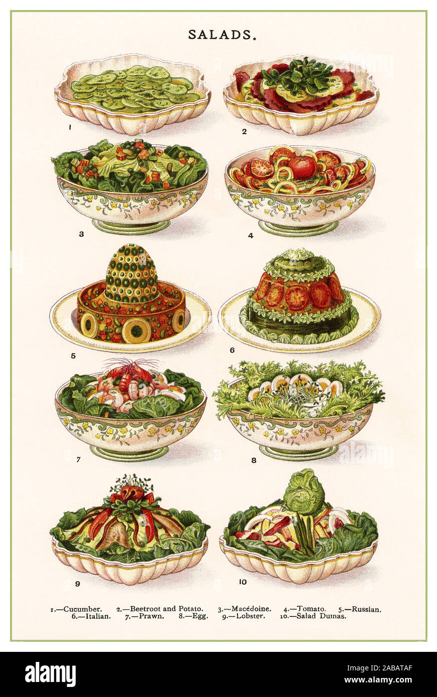 Insalate Vintage Litografia a colori illustrazione pagina 1800 Mrs Beeton del libro di cucina - insalate L-R il cetriolo, la barbabietola e la patata, Macedoine, pomodoro, Russo, Italiano, gamberi, uovo, aragosta, Insalata Dumas. Foto Stock