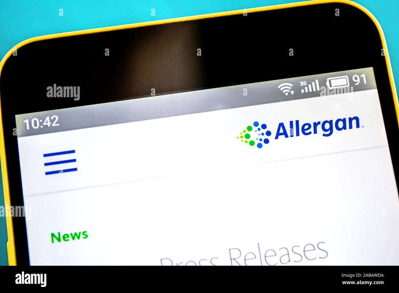 Berdyansk, Ucraina - 21 Aprile 2019: Editoriale illustrativa di Allergan website homepage. Allergan logo visibile sullo schermo del telefono. Foto Stock