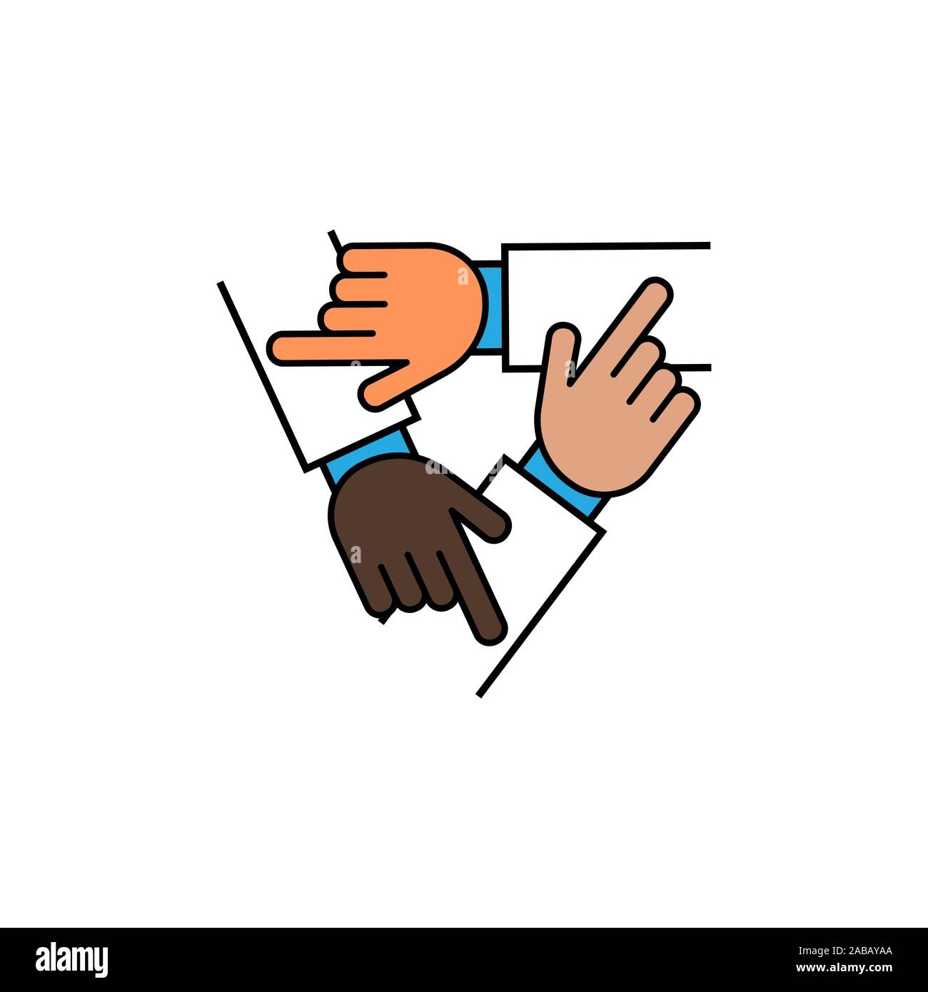 Tre Mani di supporto gli uni con gli altri, il concetto di gioco di squadra, icona di colore del vettore Illustrazione Vettoriale