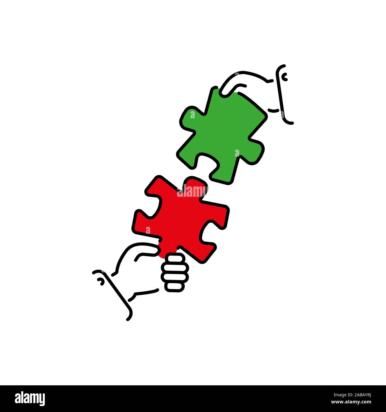Puzzle collegare nelle mani di colore icona Vettore, segno, simbolo. Business il concetto di adattamento. Elementi di collegamento puzzle in mano imprenditore. Lavorare insieme Illustrazione Vettoriale