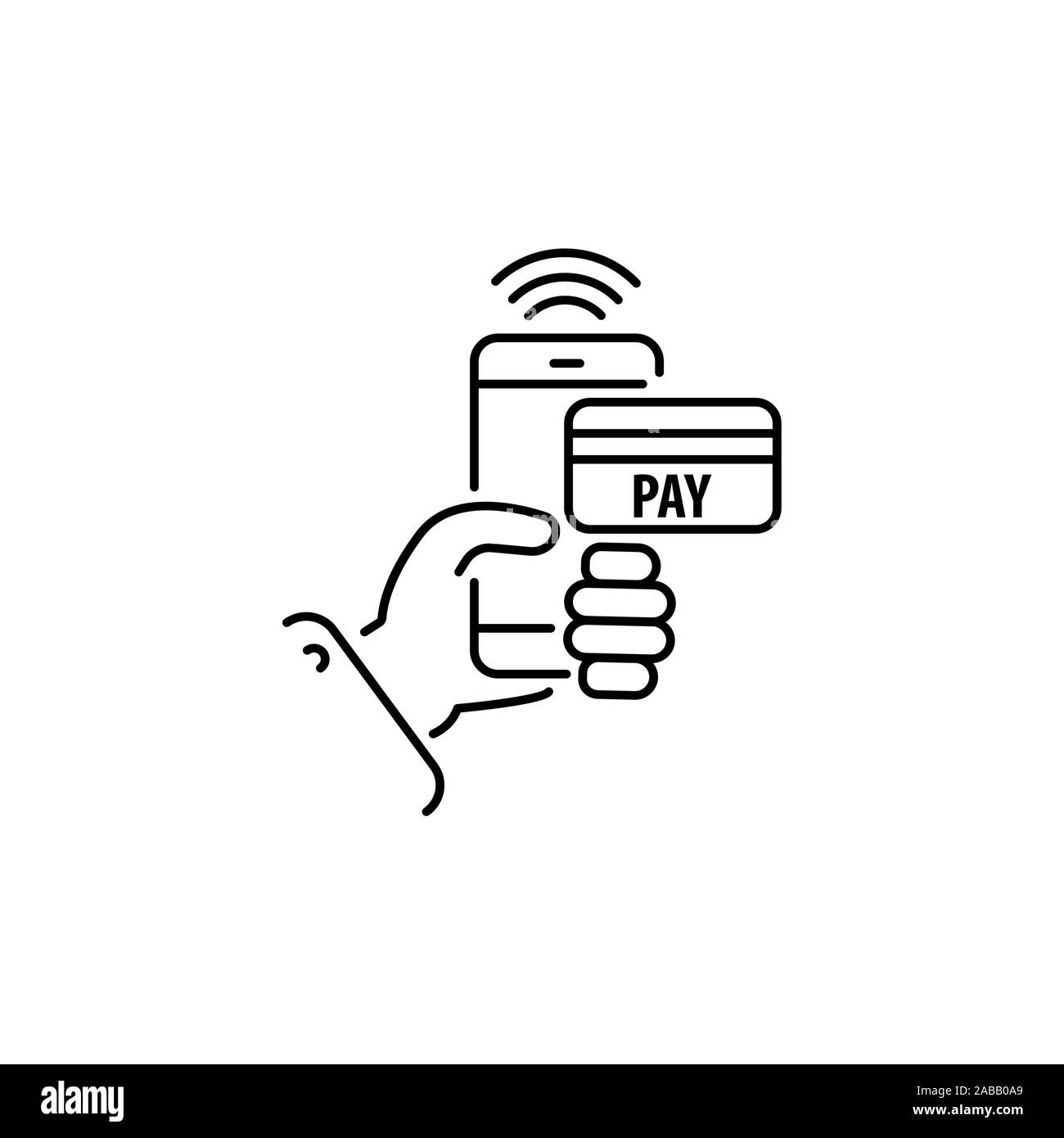 Pagamento con linea di smartphone, vettore lineare icona, on-line pagamento mobile segno, simbolo Illustrazione Vettoriale