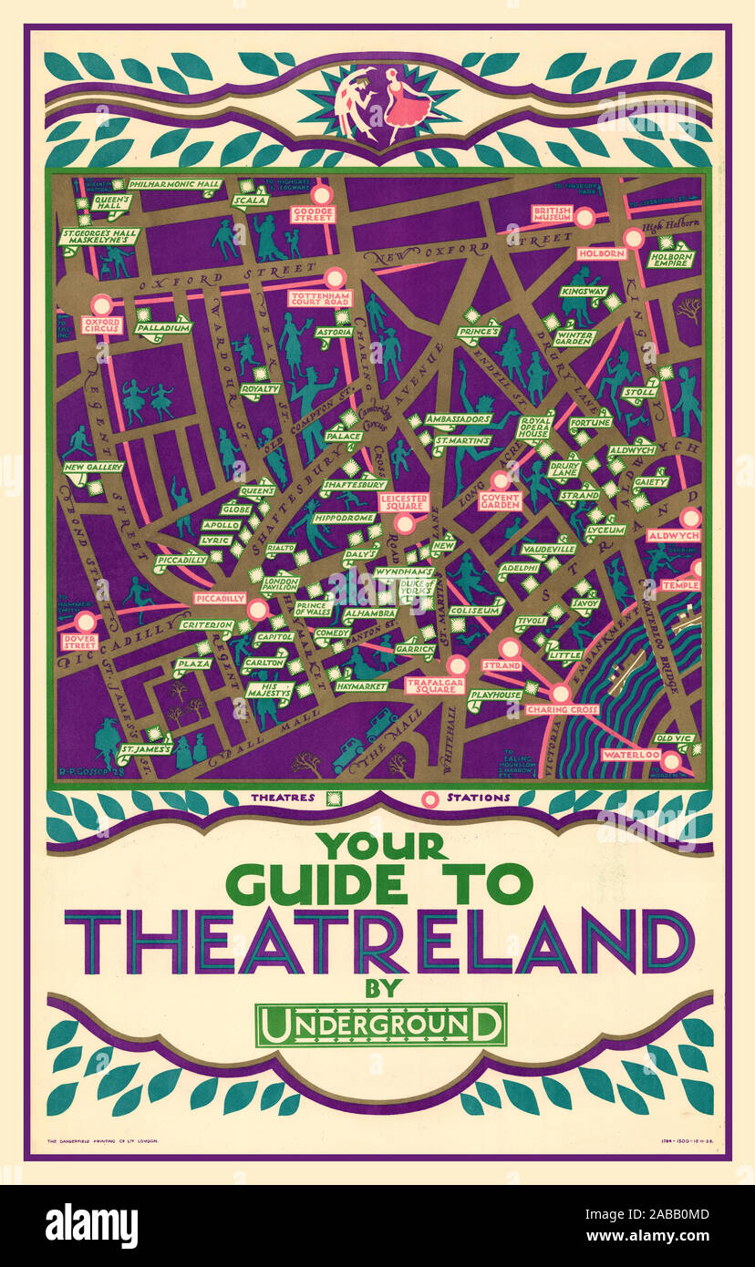 L'annata 1900 vecchia Londra mappa metropolitana 'La guida di Theatreland in metropolitana' Reginald Percy Gossop, 1928 Londra UK tubo Promozione della metropolitana Entertainment Guide teatri West End London REGNO UNITO Foto Stock