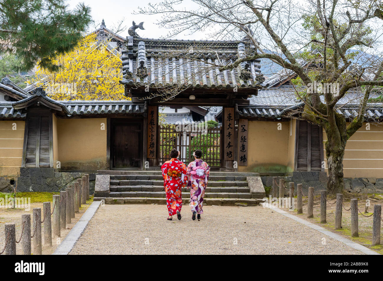 Due Signore in abiti tradizionali nel Tōdai-ji (Grande Tempio Orientale), a Nara, Giappone Foto Stock