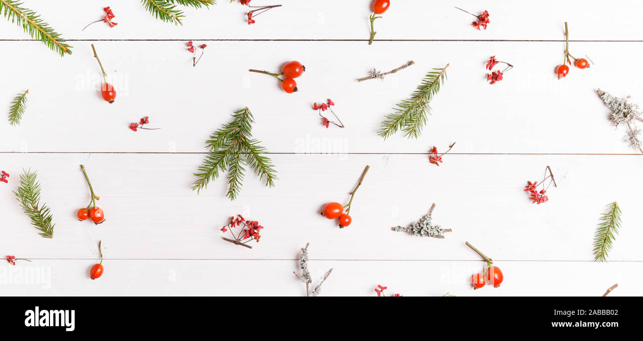 Natale e Anno Nuovo o in autunno sfondo, piatto composizione laici di Natale ornamenti naturali e di Abete rami, bacche di rosa canina e rami invernali Foto Stock