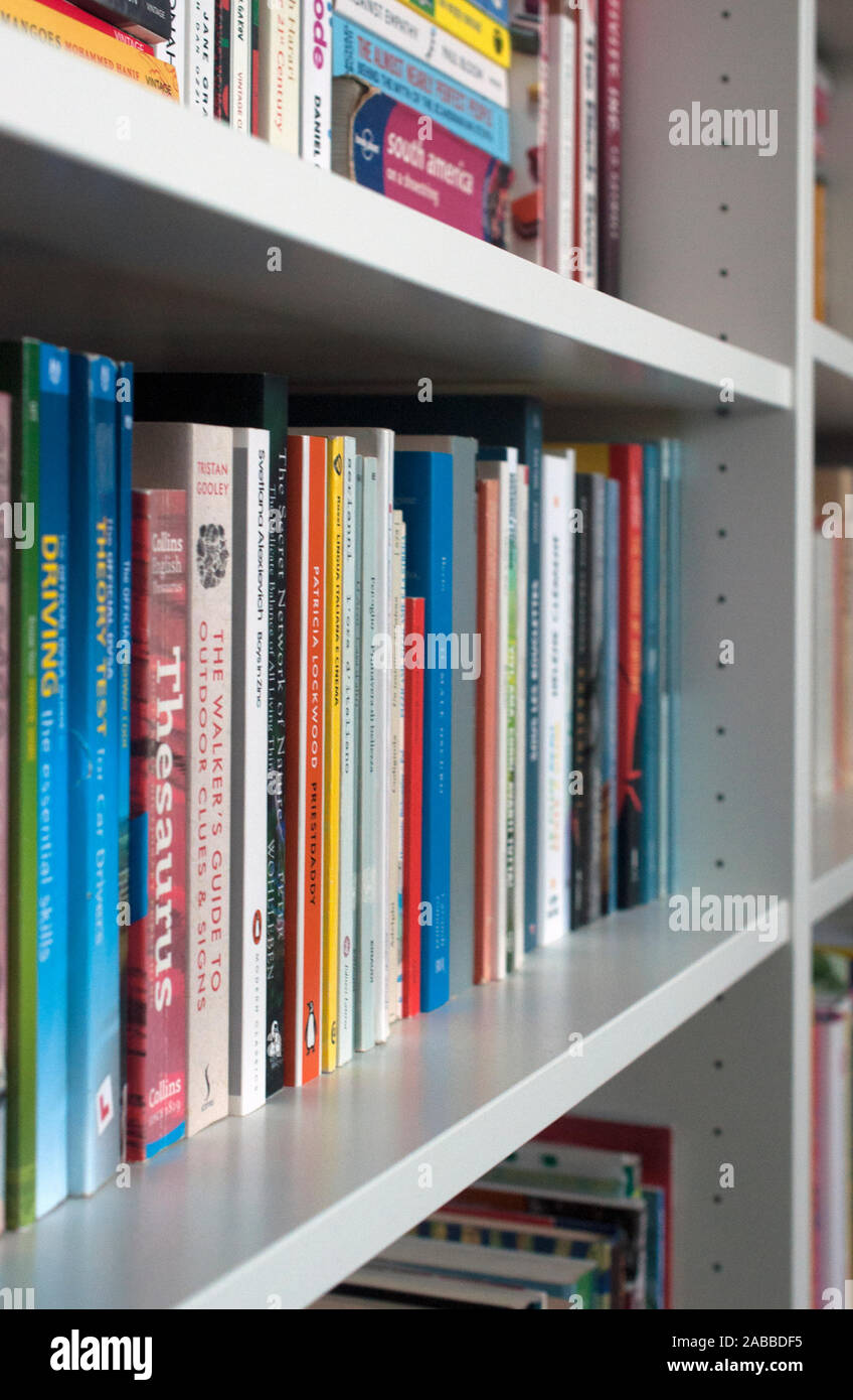 Una libreria di casa scaffale pieno di varietà di libri. Pulire, bianco, interni dal design moderno. Foto Stock