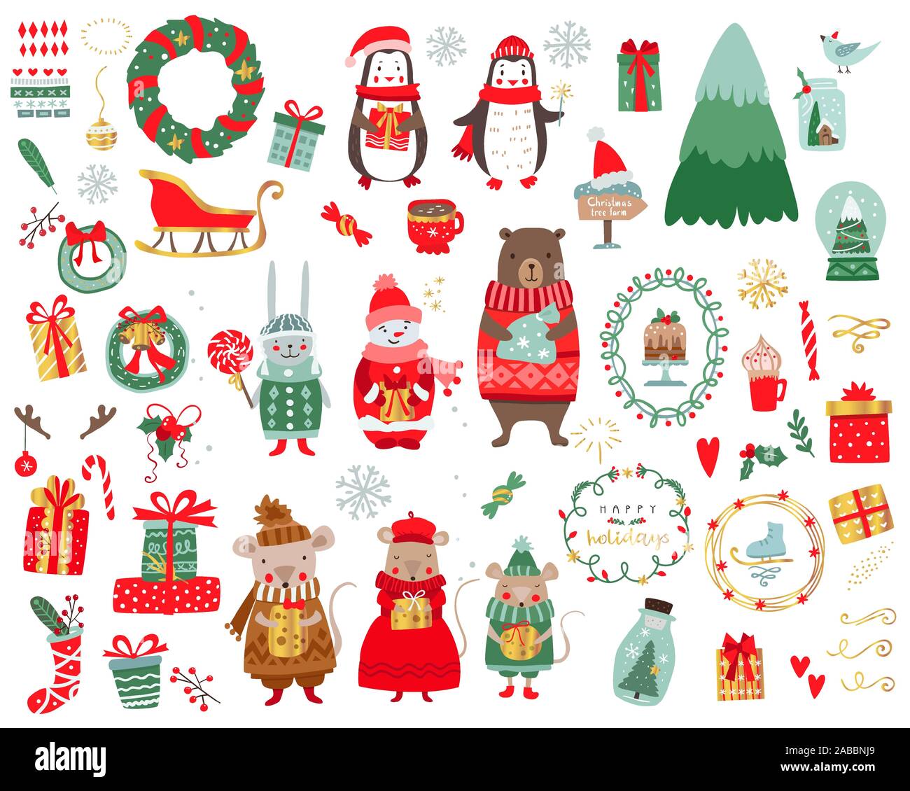 Animali Natale insieme con doni e altre decorazioni. Vector vacanze inverno collezione. Illustrazione Vettoriale
