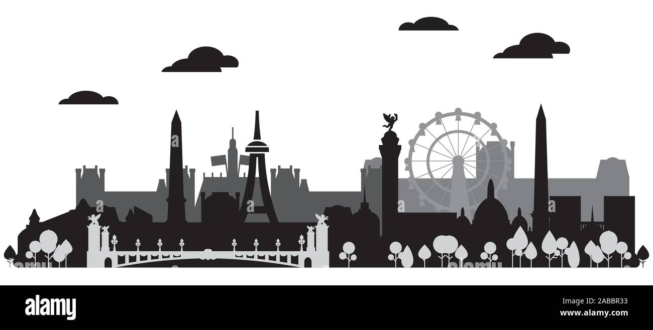 Panoramica di Parigi in bianco e nero dello skyline della città silhouette illustrazione vettoriale in bianco e nero e i colori grigi isolati su sfondo bianco. Silhouette di vettore Illust Illustrazione Vettoriale