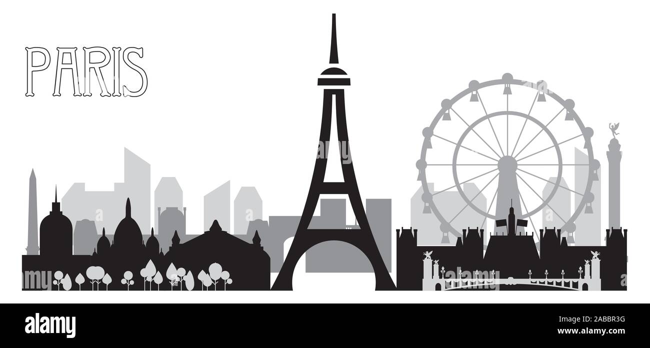 Monocromatico dello skyline di Parigi silhouette illustrazione vettoriale in bianco e nero e i colori grigi isolati su sfondo bianco. Panoramica illustrazione vettoriale di landma Illustrazione Vettoriale