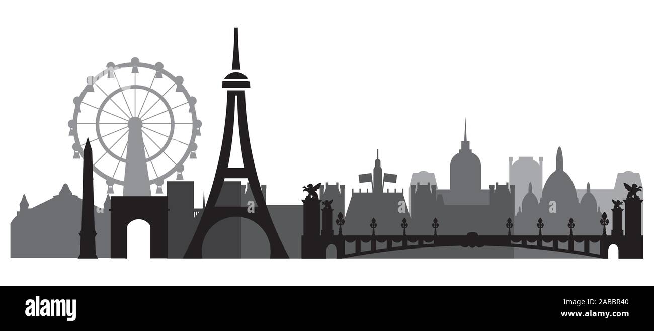 Parigi in bianco e nero dello skyline della città silhouette illustrazione vettoriale in bianco e nero e i colori grigi isolati su sfondo bianco. Vettore panoramico silhouette Illust Illustrazione Vettoriale
