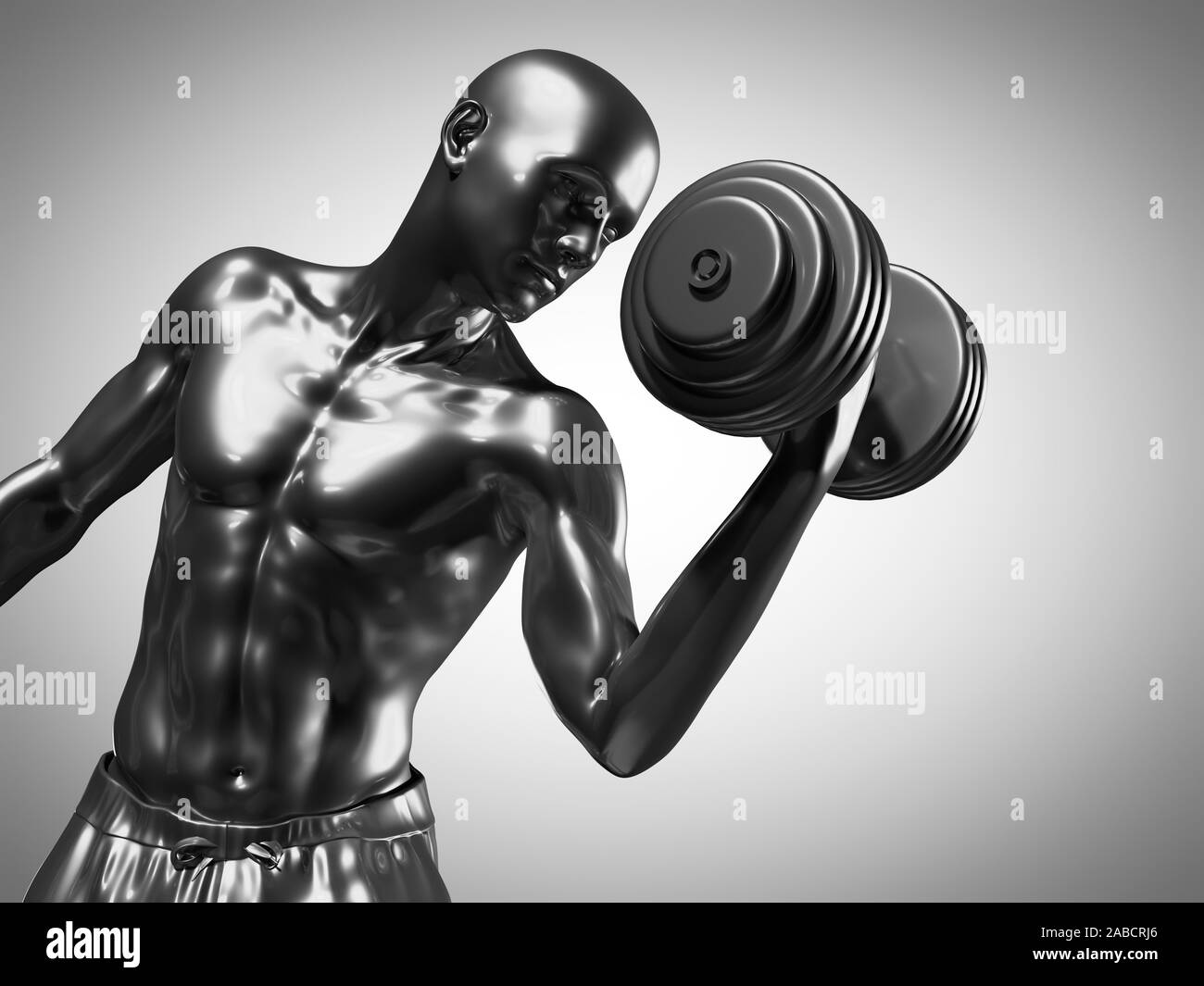 3D Rendering accurato dal punto di vista medico illustrazione di un uomo metallico il sollevamento pesi Foto Stock