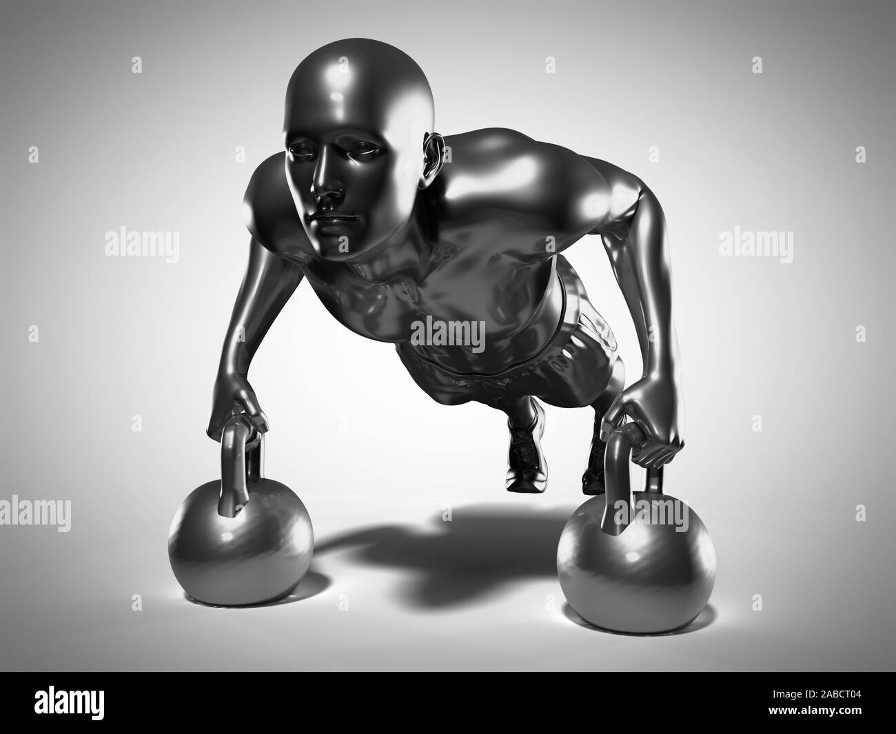 3D Rendering accurato dal punto di vista medico illustrazione di un uomo metallico facendo un allenamento kettlebell Foto Stock