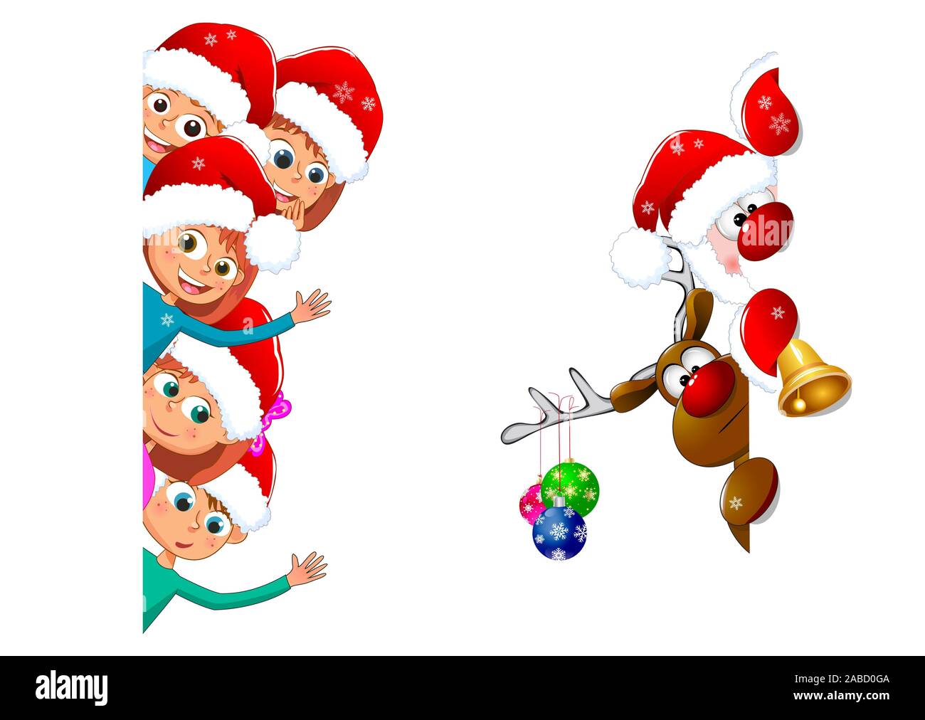 I bambini piccoli e Santa con un cervo su uno sfondo bianco. Bambini felici di salutare il Natale. Illustrazione Vettoriale