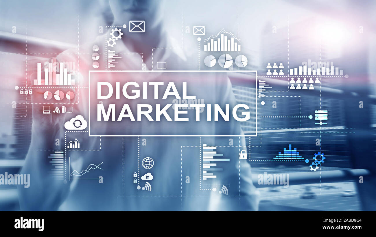 Il marketing digitale concetto su doppia esposizione sullo sfondo Foto Stock
