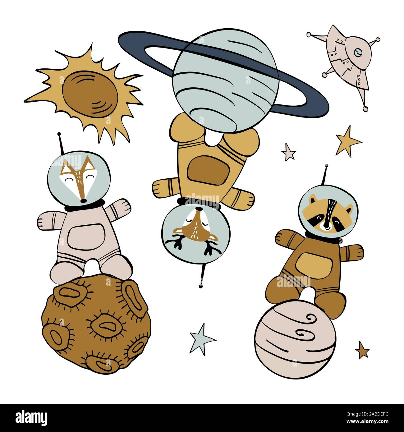 Impostare con simpatici animali nello spazio. Fox, raccoon e cervi in tute spaziali in piedi su pianeti isolati su sfondo bianco. Illustrazione Vettoriale. Illustrazione Vettoriale