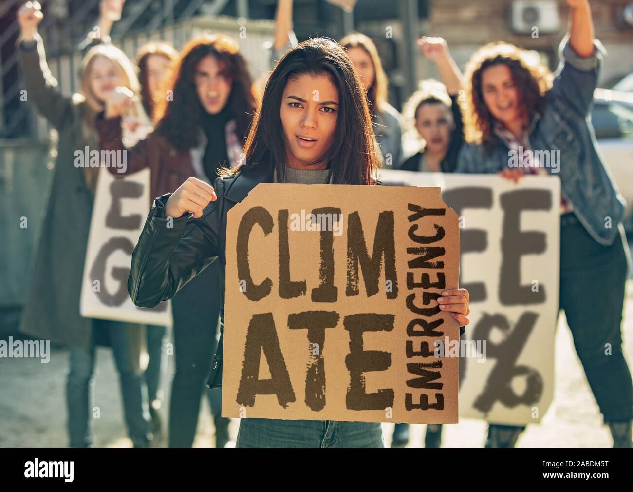 Giovane donna con poster di fronte a persone che protestano circa la modifica del clima sulla strada. Incontro circa il problema in ecologia, ambiente, il riscaldamento globale, industriale influenza, emergenza climatica. Foto Stock