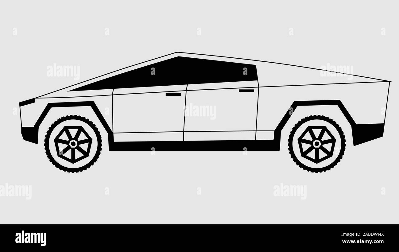 Tutti cybertruck batteria elettrica versatile carrello con auto sportiva veicolo isolato icona logo & modello - Vettore Illustrazione Vettoriale