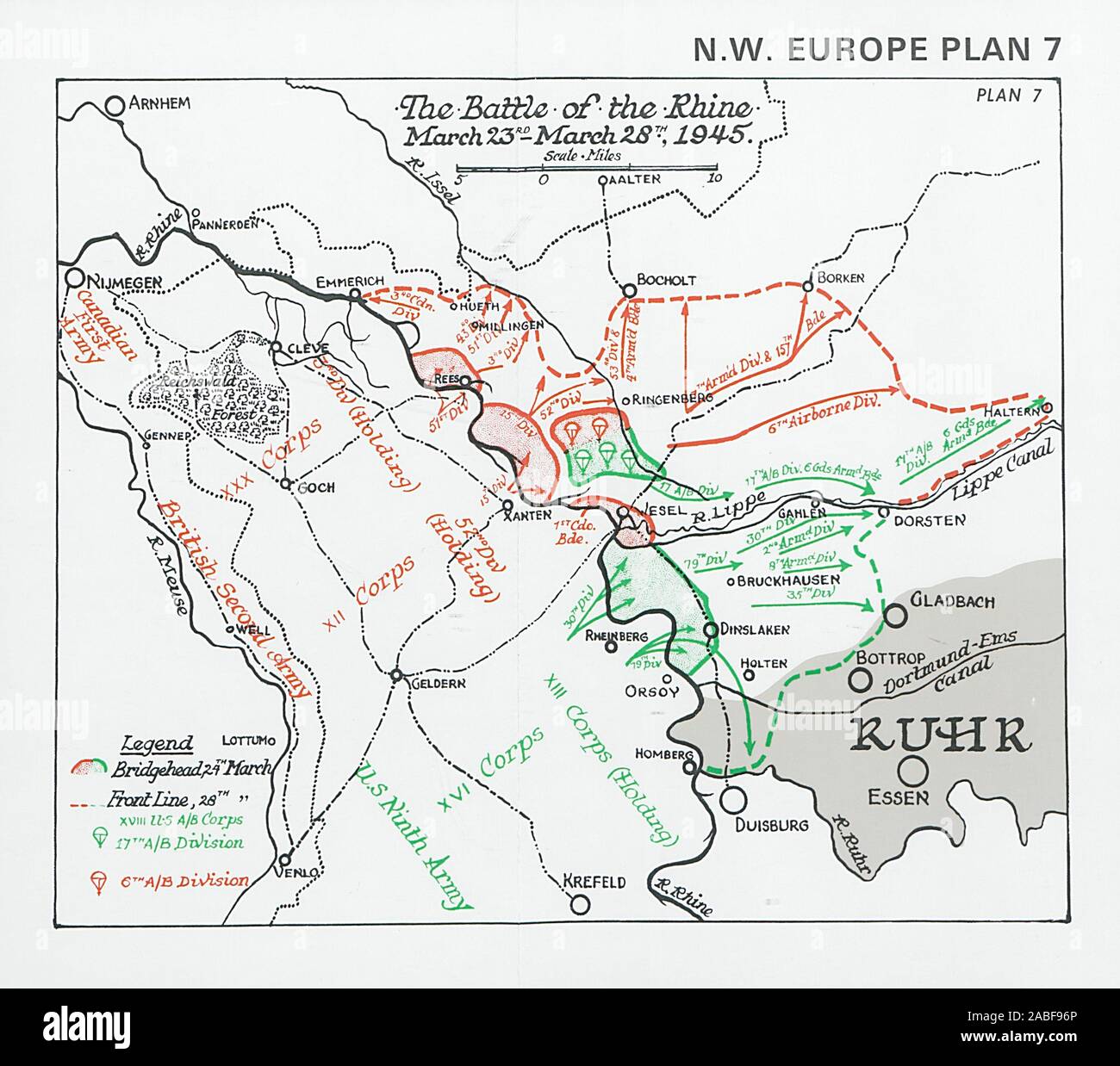 La battaglia del Reno, 23-28 marzo 1945. La sconfitta della Germania. Seconda guerra mondiale 1994 mappa Foto Stock