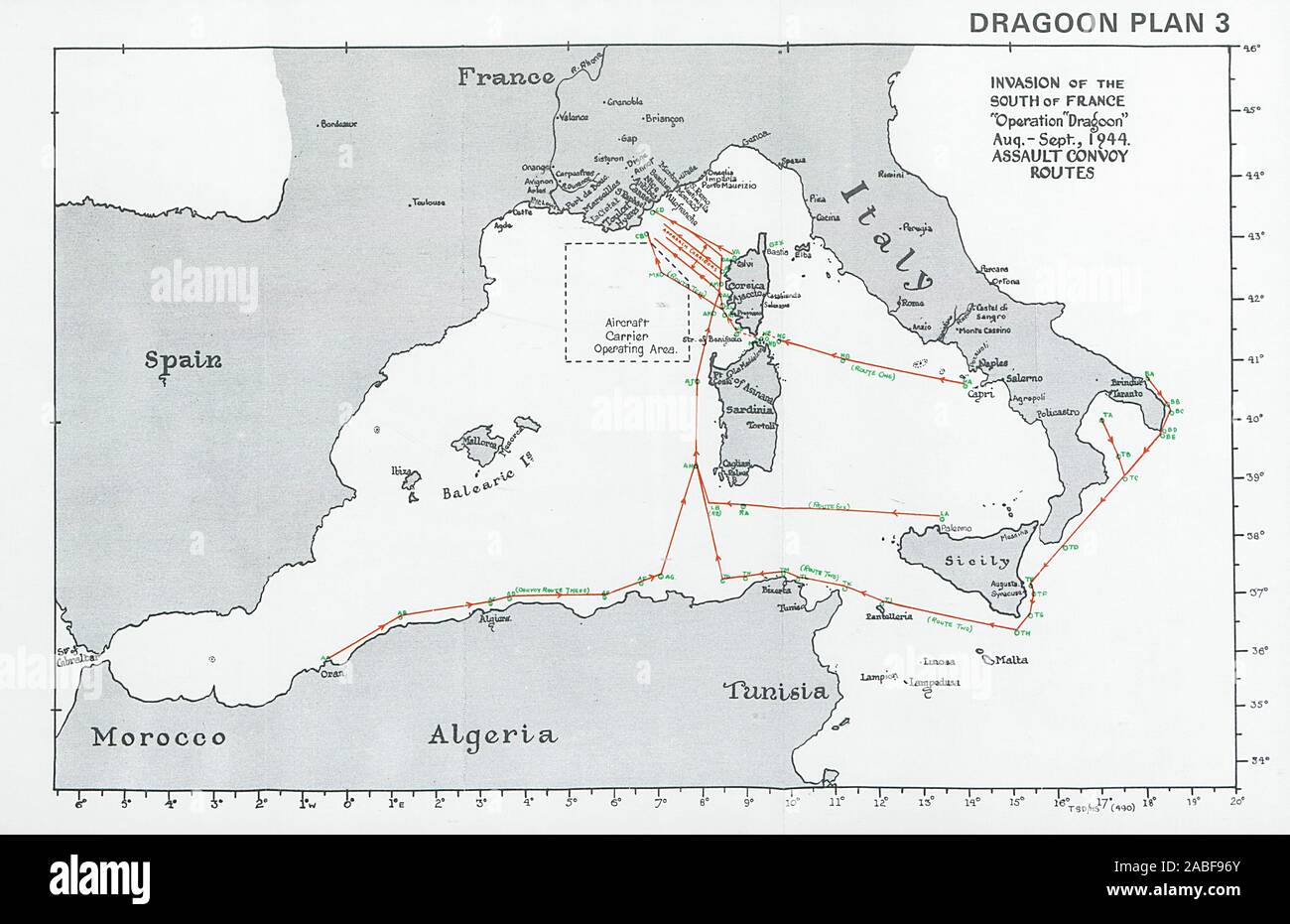 Il sud della Francia invasione. Operazione Dragoon 1944 assalto convoglio itinerari mappa 1994 Foto Stock