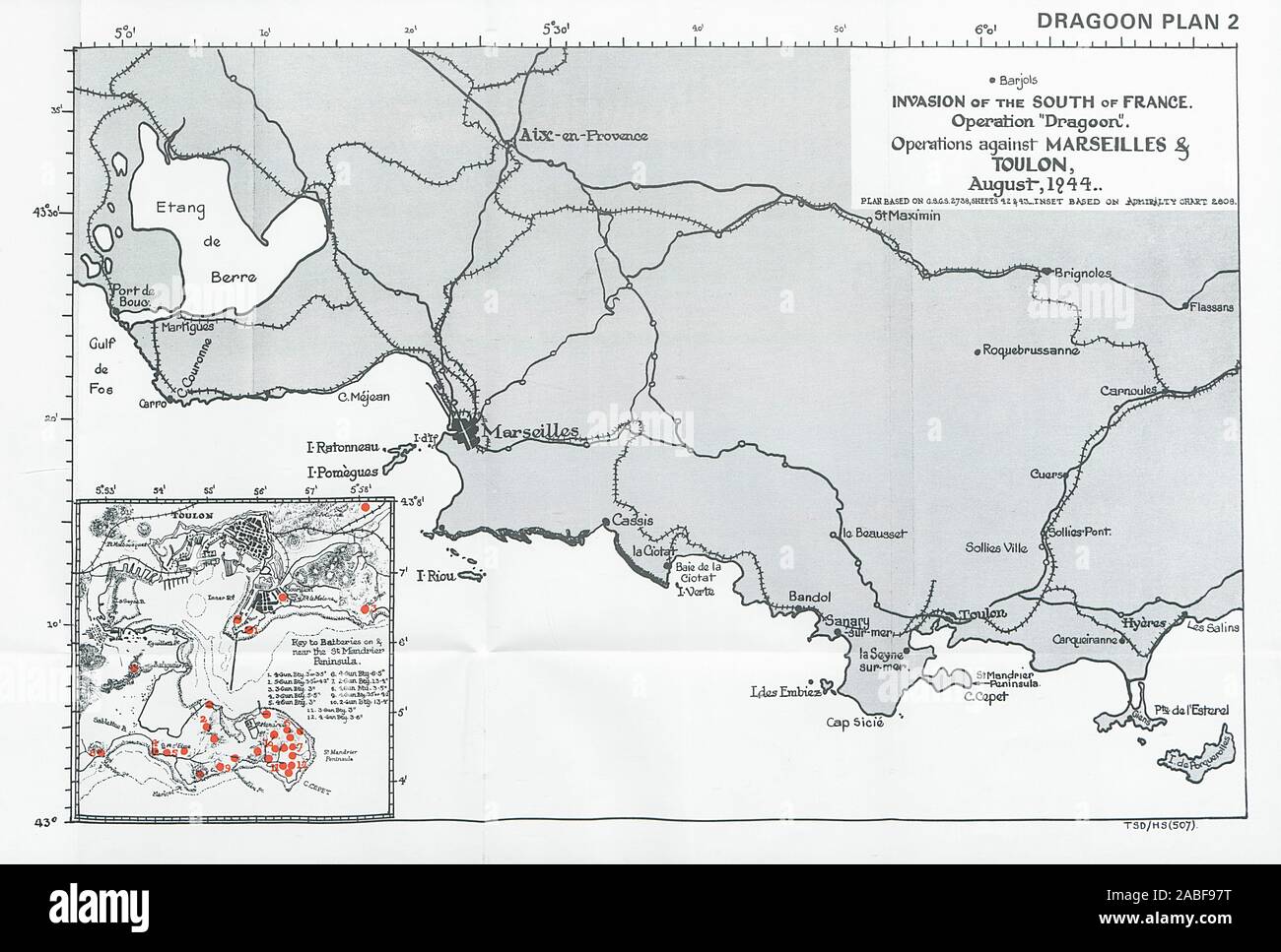 Il sud della Francia invasione. Operazione Dragoon. Marsiglia Toulon Aug 1944 1994 Mappa Foto Stock