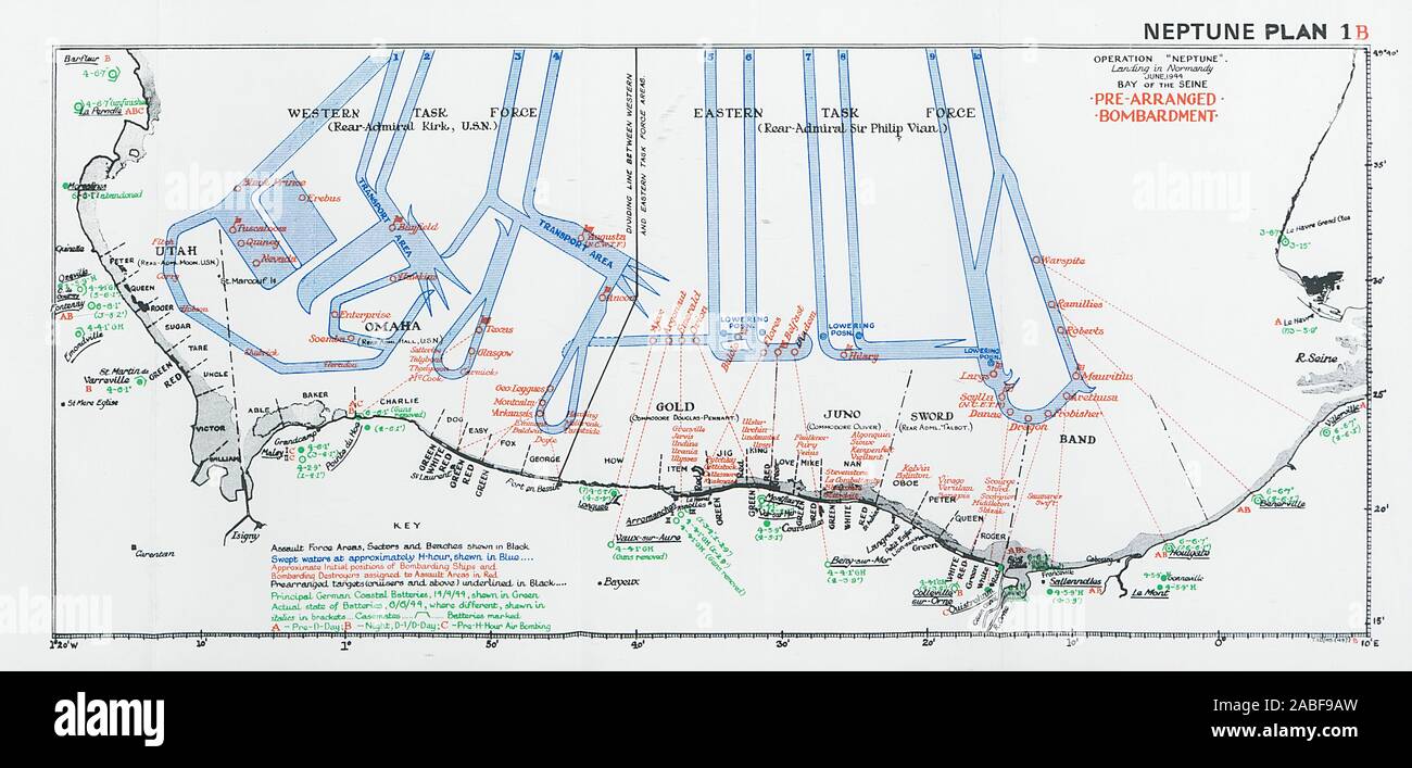Funzionamento Nettuno. Sbarco in Normandia. Il D-Day Giugno 1944. Piano di bombardamento 1994 mappa Foto Stock