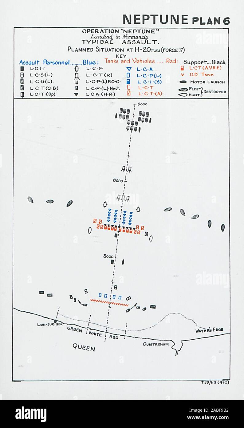 Sbarco in Normandia. Il D-Day 1944 Piano d'assalto H-20 minuti forza S Ouistreham 1994 mappa Foto Stock