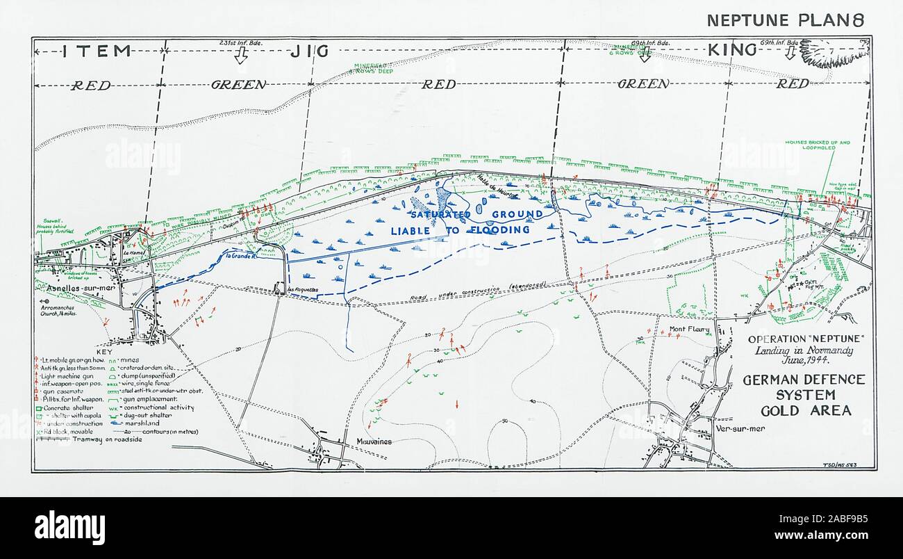 Sbarco in Normandia D-Day Giugno 1944 Tedesco sistema di difesa, Asnelles. Oro 1994 mappa Foto Stock