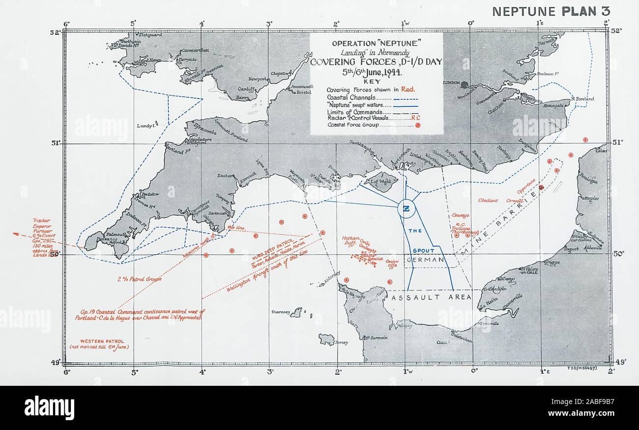 Funzionamento Nettuno sbarco in Normandia D-Day forze di copertura 5/6 giugno 1944 1994 Mappa Foto Stock