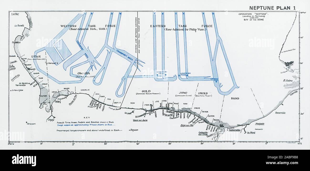 Funzionamento Nettuno. Sbarco in Normandia. Il D-Day. Giugno 1944 baia della Senna 1994 mappa Foto Stock