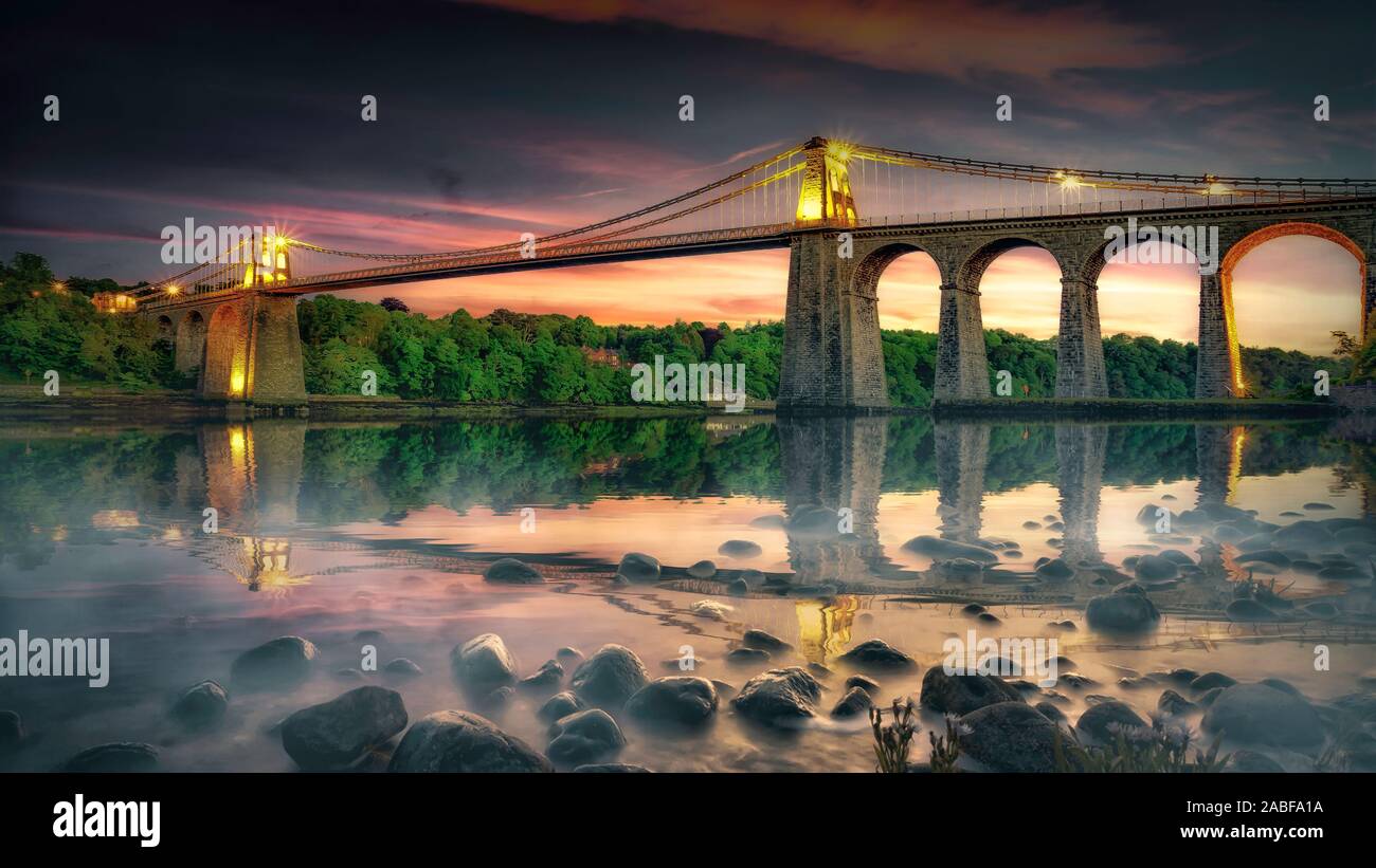 Menai Brisge, Anglesey, Regno Unito. Foto Stock