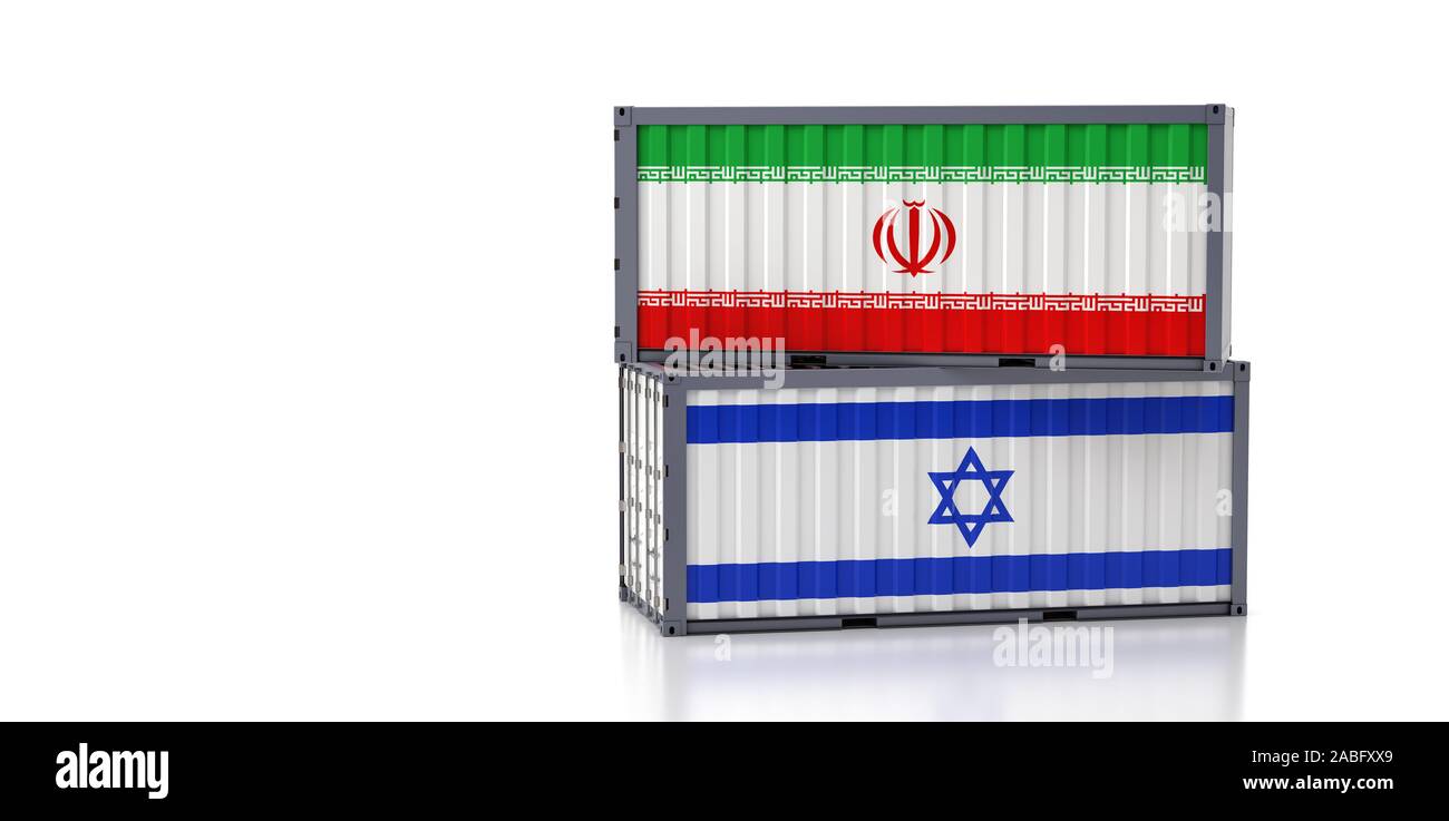 Due container con Israele e Iran bandiera nazionale. Il rendering 3D Foto Stock