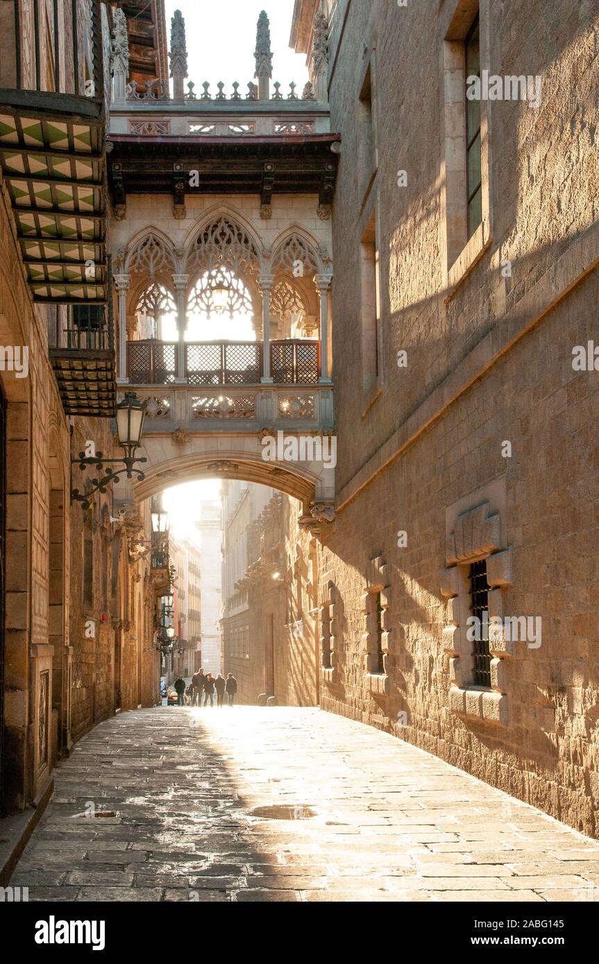 Il ponte sulla Carrer del Bisbe nel Barri Gotic, Barcellona, in Catalogna, Spagna Foto Stock