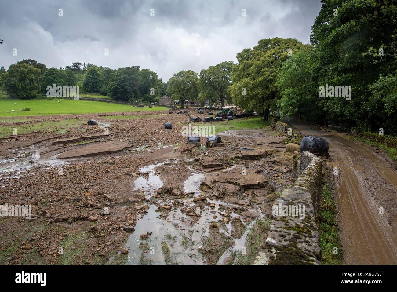 Fattoria in Arkengarthdale, North Yorkshire, gravemente danneggiato dalle inondazioni flash dopo un cloudburst, Agosto 2019 Foto Stock