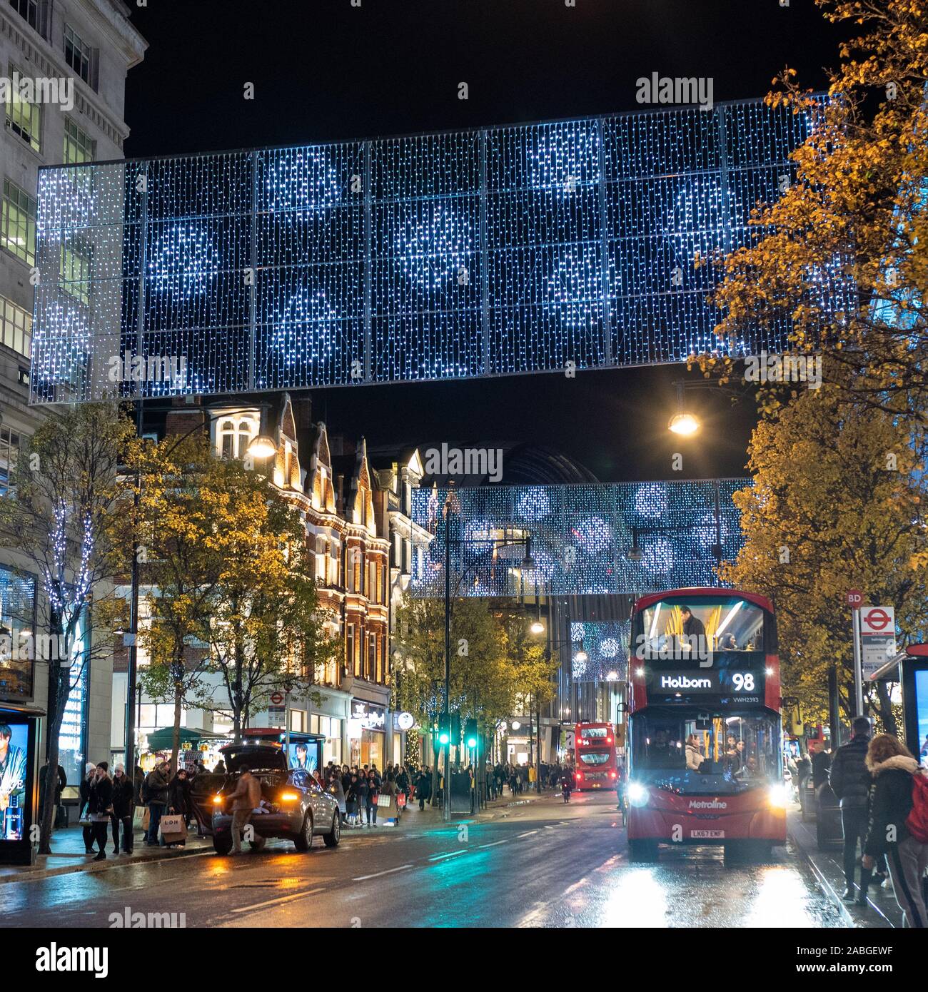 Luci festive su Oxford Street, Londra Foto Stock