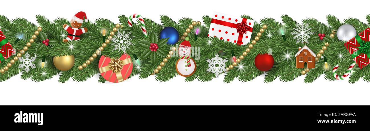 Natale banner senza giunture con rami di pino e le decorazioni di Natale Foto Stock
