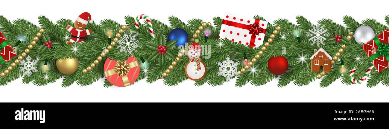 Natale banner senza giunture con rami di pino e le decorazioni di Natale Illustrazione Vettoriale