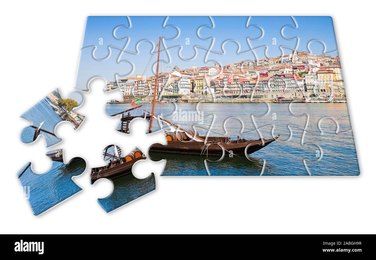 Pianificare la vostra vacanza portoghese - Concetto nella forma di puzzle - portoghese tipiche imbarcazioni utilizzate in passato per il trasporto del famoso vino di porto Foto Stock