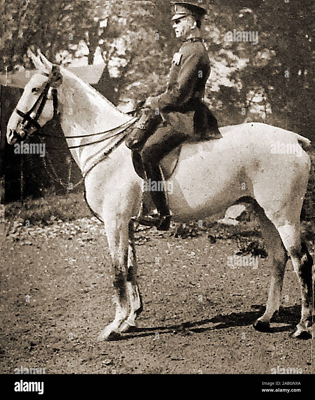 1948 vintage fotografia - un britannico montato poliziotto che mostra il suo cavallo competenze al Metropolitan Police Horse Show a Imber Court. Thames Ditton Foto Stock