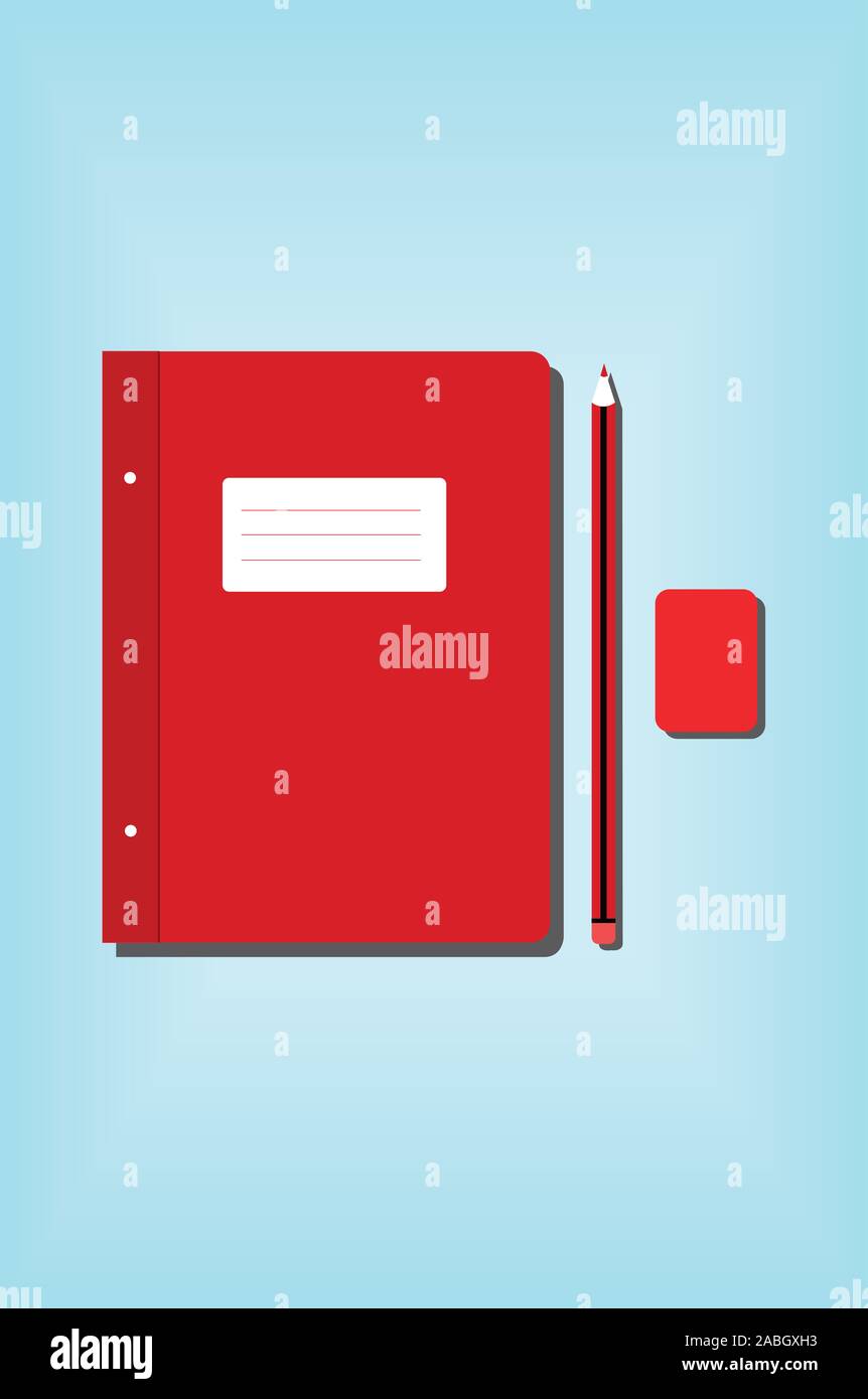 Stilizzata illustrazione vettoriale di un notebook rosso, matita e una gomma su fondo azzurro. Foto Stock