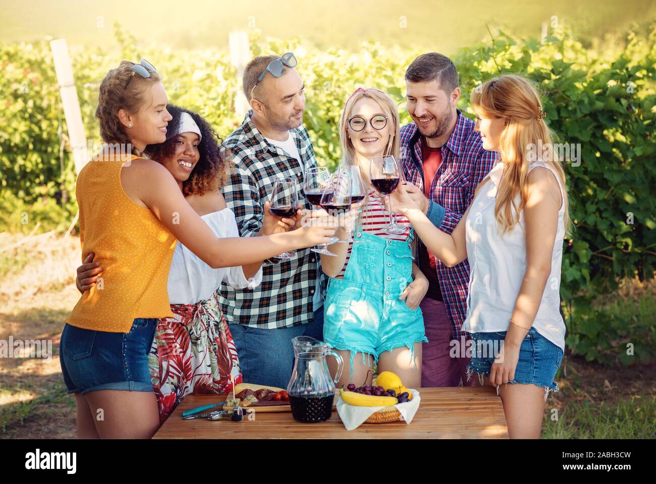 Gruppo di amici in tour del vino in vigna - giovani in viaggio e di degustazione di vino party - Amicizia, estate, cibo vino concetto sano Foto Stock