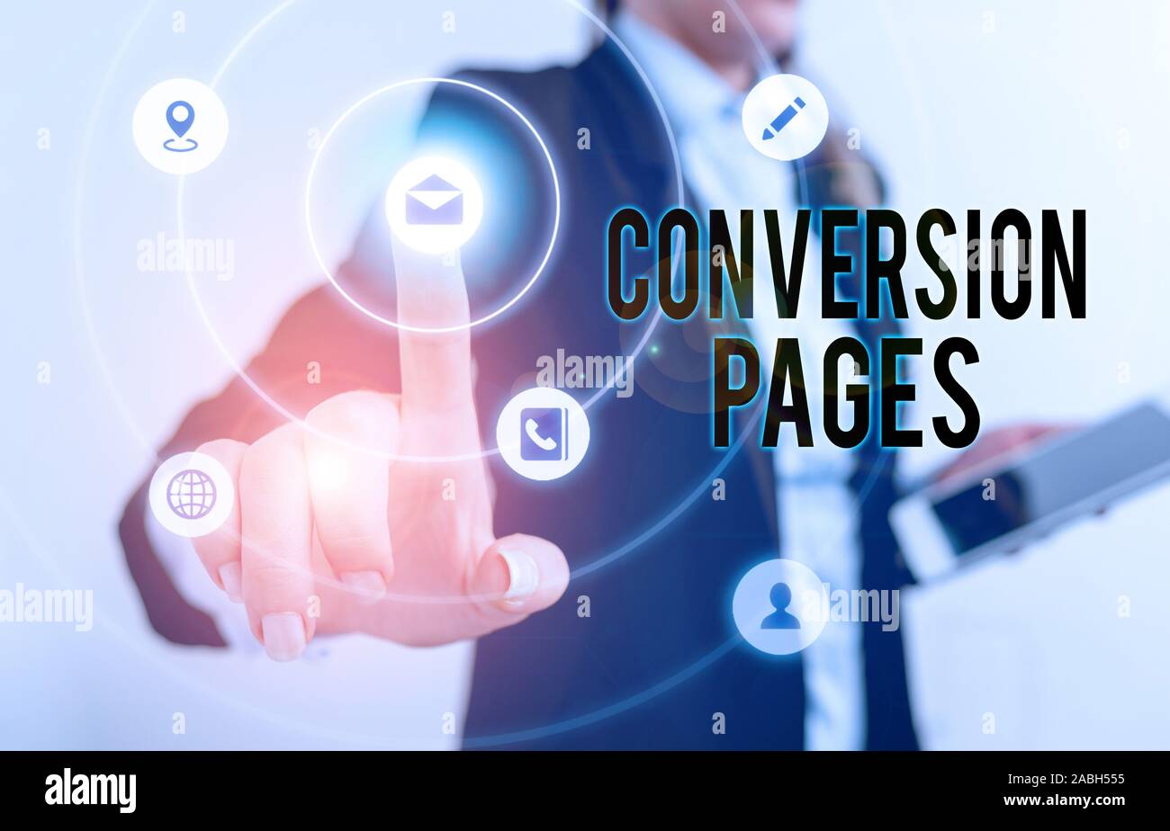 Scrittura di testo pagine di conversione. Foto concettuale viene visualizzato in risposta al clic su un motore di ricerca Foto Stock